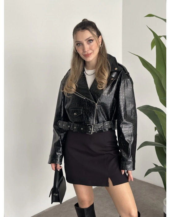 Crop boy kemer detaylı fermuarlı desenli ceket siyah