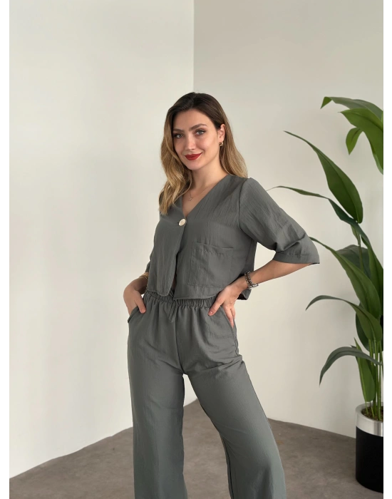 Crop Boy Tek Düğmeli Pamuklu Keten Takım Haki