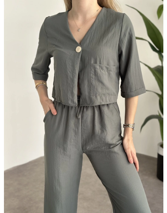 Crop Boy Tek Düğmeli Pamuklu Keten Takım Haki