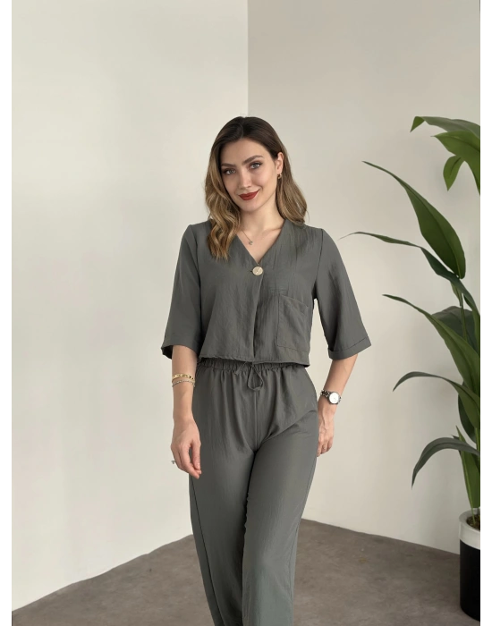 Crop Boy Tek Düğmeli Pamuklu Keten Takım Haki