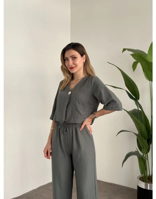 Crop Boy Tek Düğmeli Pamuklu Keten Takım Haki