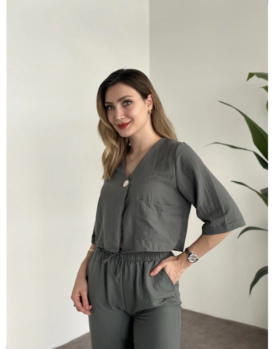 Crop Boy Tek Düğmeli Pamuklu Keten Takım Haki