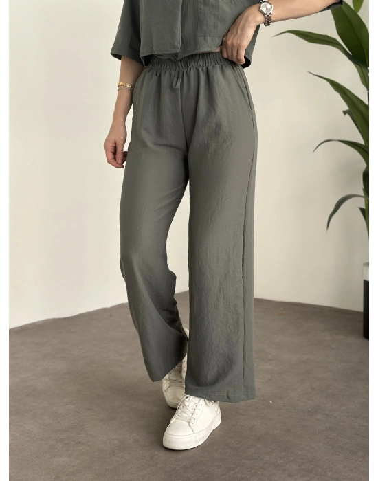 Crop Boy Tek Düğmeli Pamuklu Keten Takım Haki