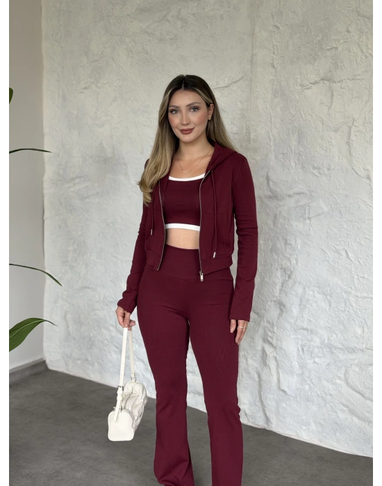 Crop detaylı kapüşonlu hırkalı takım bordo