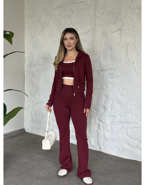 Crop detaylı kapüşonlu hırkalı takım bordo