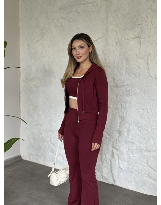 Crop detaylı kapüşonlu hırkalı takım bordo