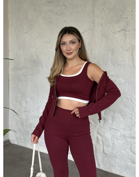 Crop detaylı kapüşonlu hırkalı takım bordo