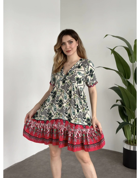 Dekolteli Mini Boy Bol Kesim Elbise Fusya