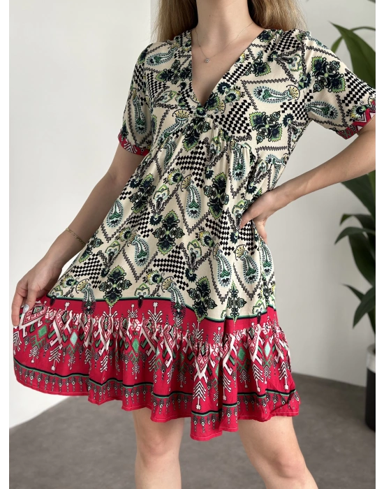 Dekolteli Mini Boy Bol Kesim Elbise Fusya