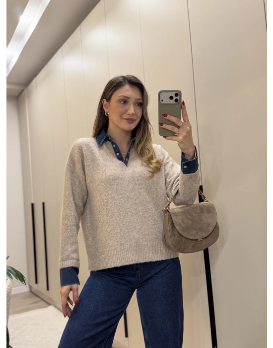 Denim dokunuş triko bej