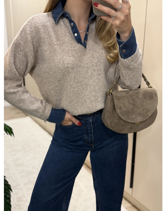 Denim dokunuş triko bej