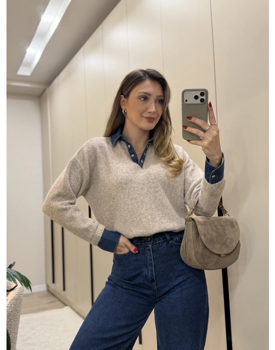 Denim dokunuş triko bej