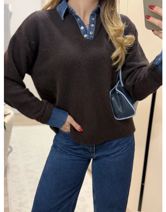 Denim dokunuş triko kahve