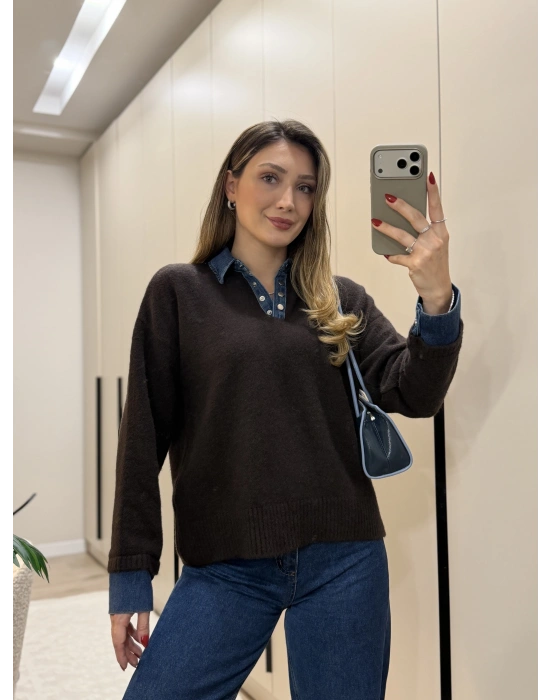 Denim dokunuş triko kahve