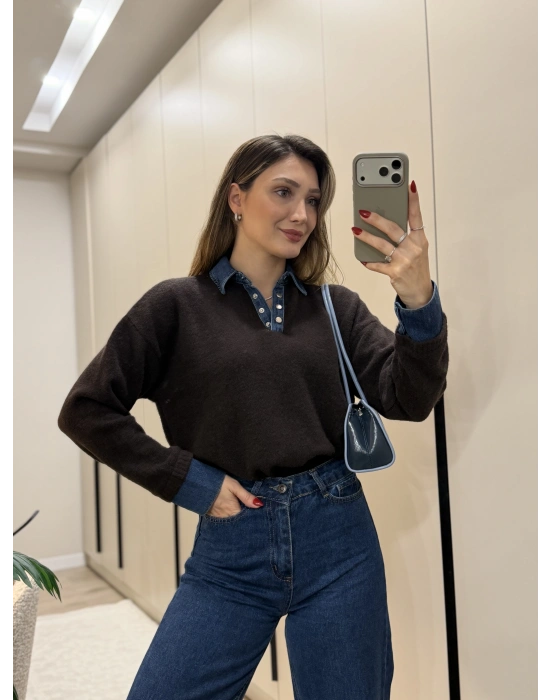 Denim dokunuş triko kahve