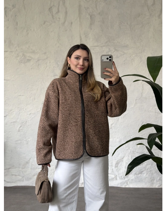 Dik yaka fermuarlı soft polar kahve benekli