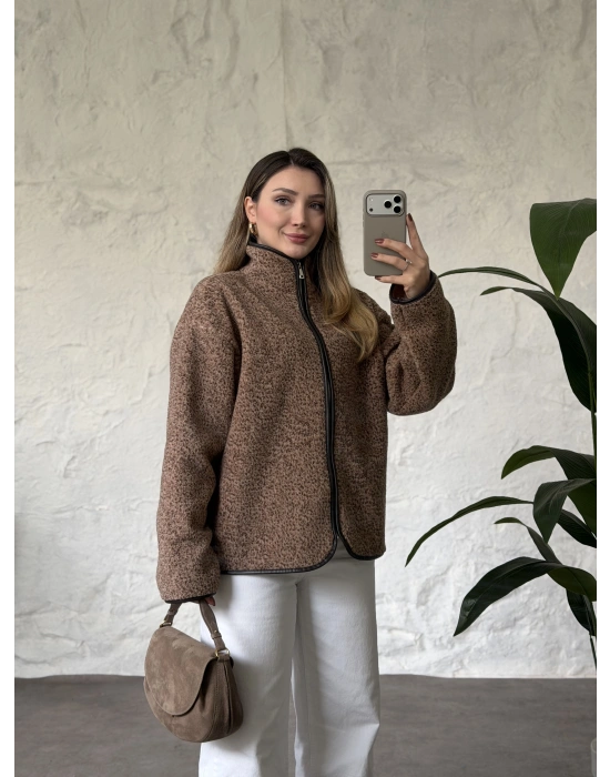 Dik yaka fermuarlı soft polar kahve benekli