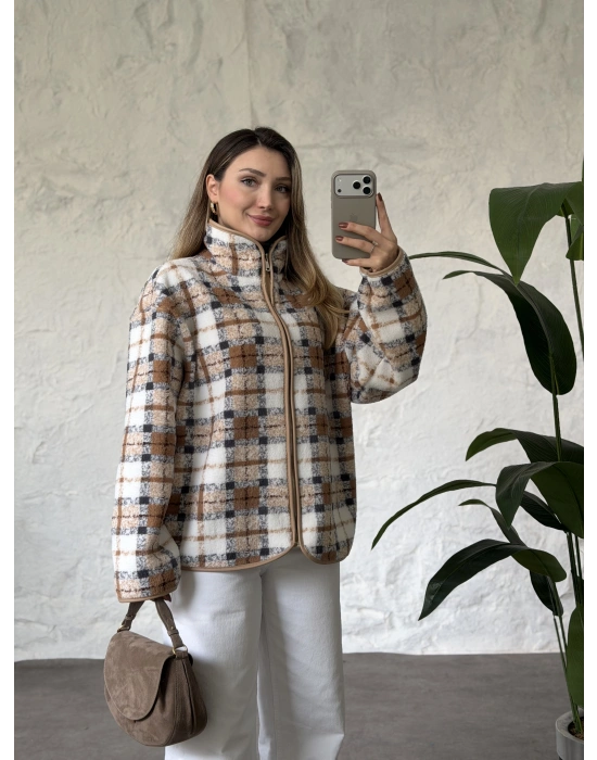 Dik yaka fermuarlı soft polar kahve kareli
