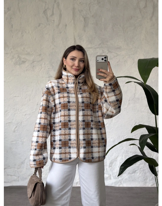 Dik yaka fermuarlı soft polar kahve kareli