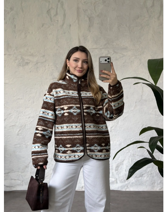 Dik yaka fermuarlı soft polar kahveli turkuaz