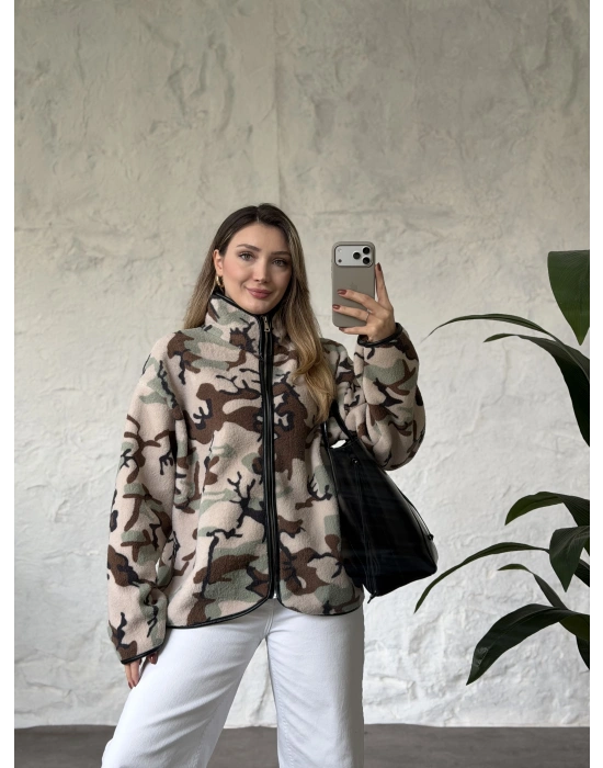 Dik yaka fermuarlı soft polar kamuflaj