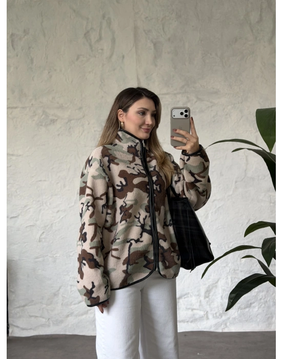 Dik yaka fermuarlı soft polar kamuflaj