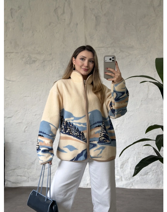 Dik yaka fermuarlı soft polar krem turkuaz