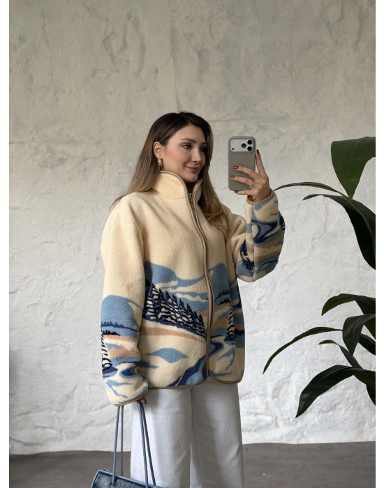 Dik yaka fermuarlı soft polar krem turkuaz