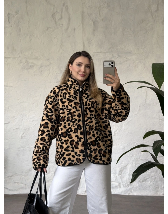 Dik yaka fermuarlı soft polar leopar