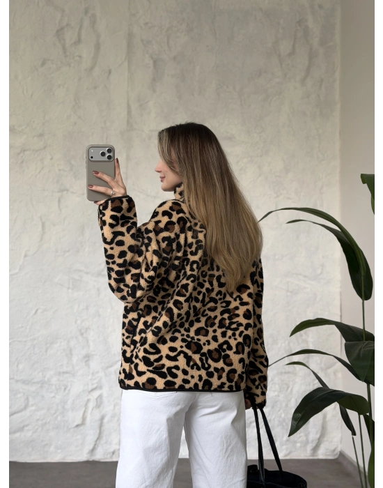 Dik yaka fermuarlı soft polar leopar
