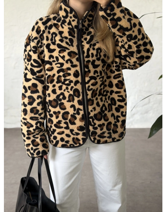 Dik yaka fermuarlı soft polar leopar
