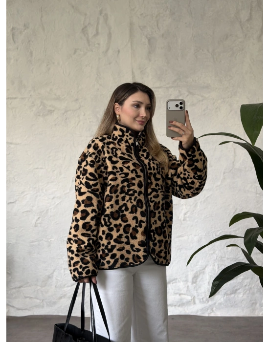 Dik yaka fermuarlı soft polar leopar