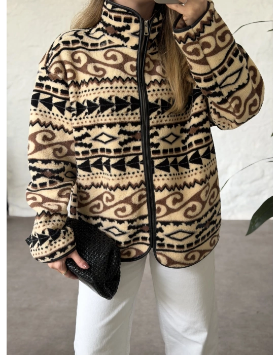 Dik yaka fermuarlı soft polar siyah desenli