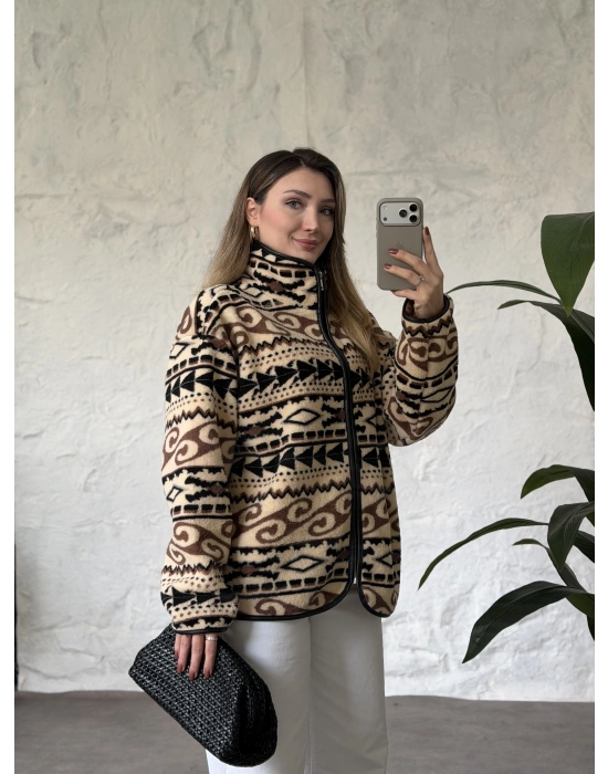 Dik yaka fermuarlı soft polar siyah desenli