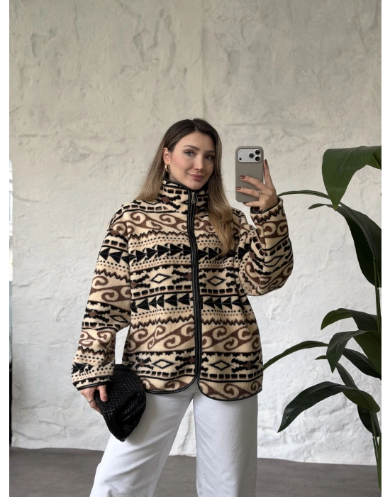 Dik yaka fermuarlı soft polar siyah desenli