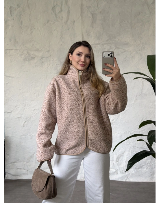 Dik yaka fermuarlı soft polar vizon benekli
