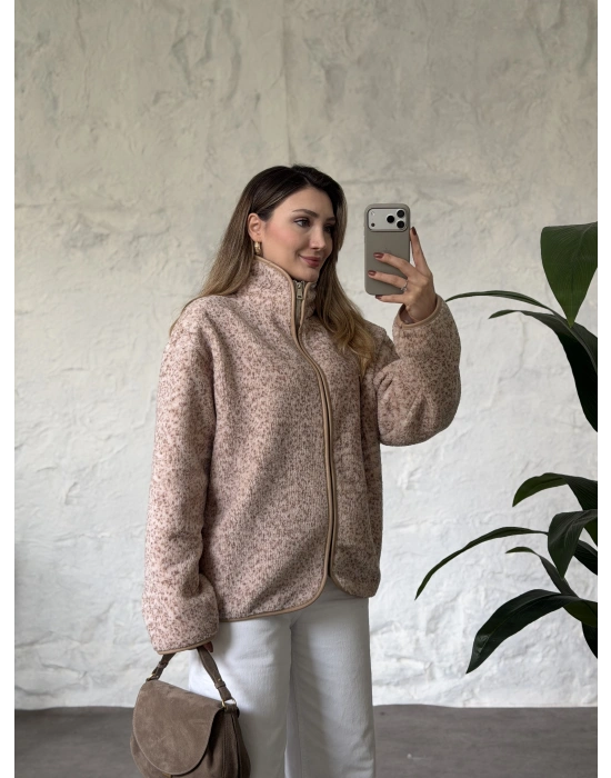 Dik yaka fermuarlı soft polar vizon benekli