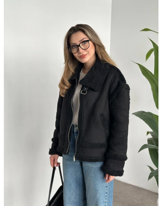 Dışı süet içi tamamen peluş rahat kesim mont siyah