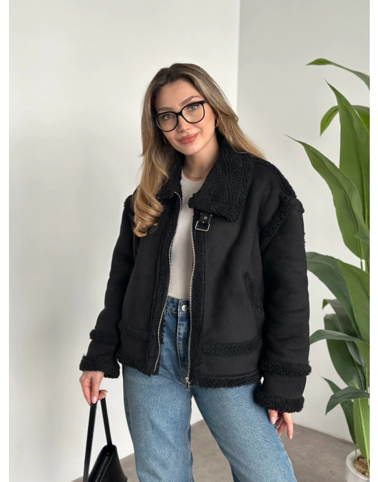 Dışı süet içi tamamen peluş rahat kesim mont siyah