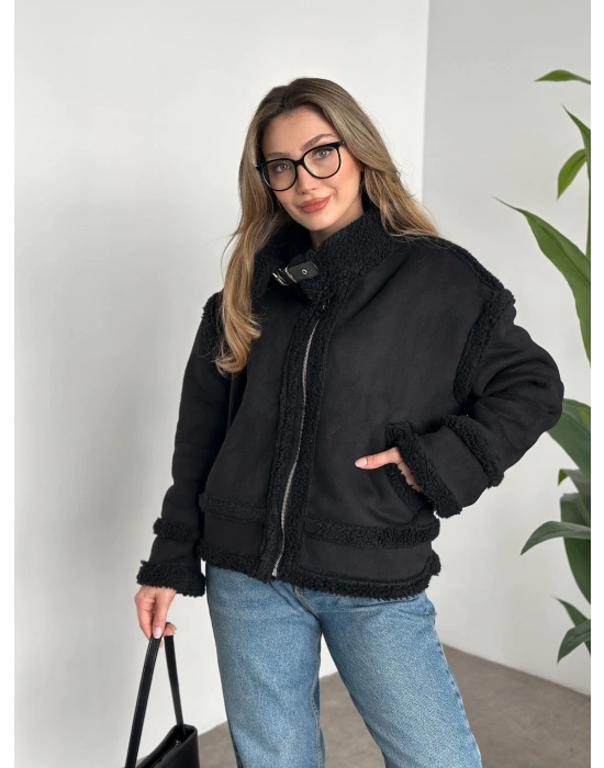 Dışı süet içi tamamen peluş rahat kesim mont siyah