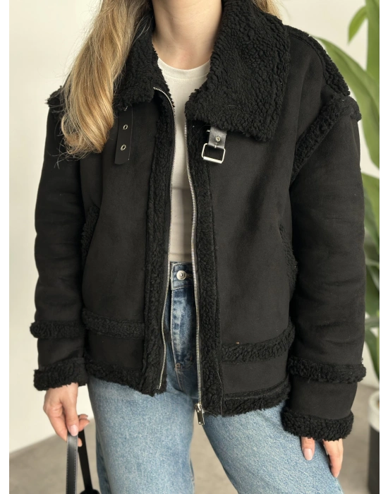 Dışı süet içi tamamen peluş rahat kesim mont siyah