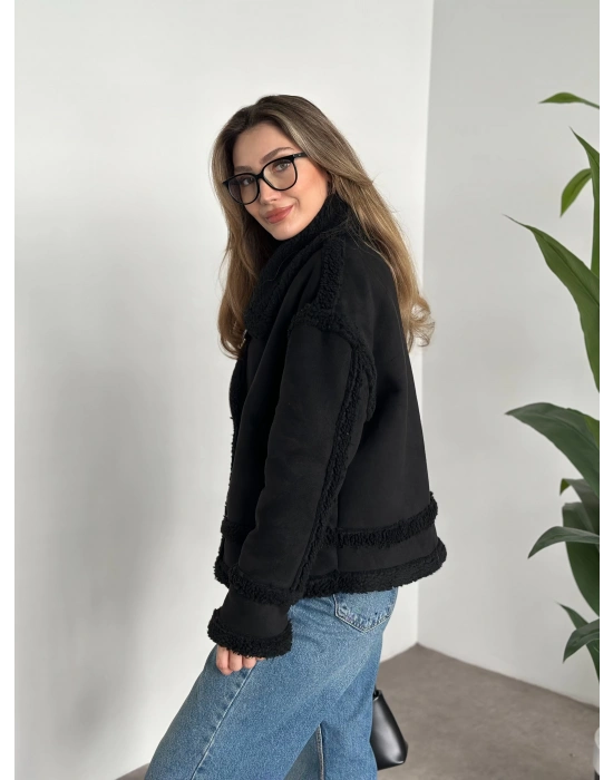 Dışı süet içi tamamen peluş rahat kesim mont siyah