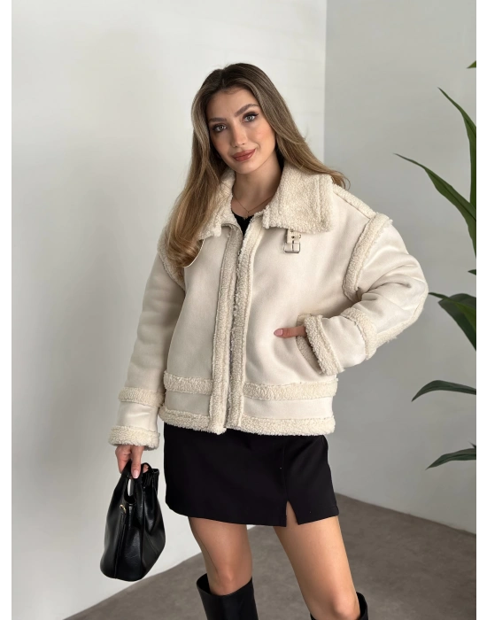 Dışı süet içi tamamen peluş rahat kesim mont taş