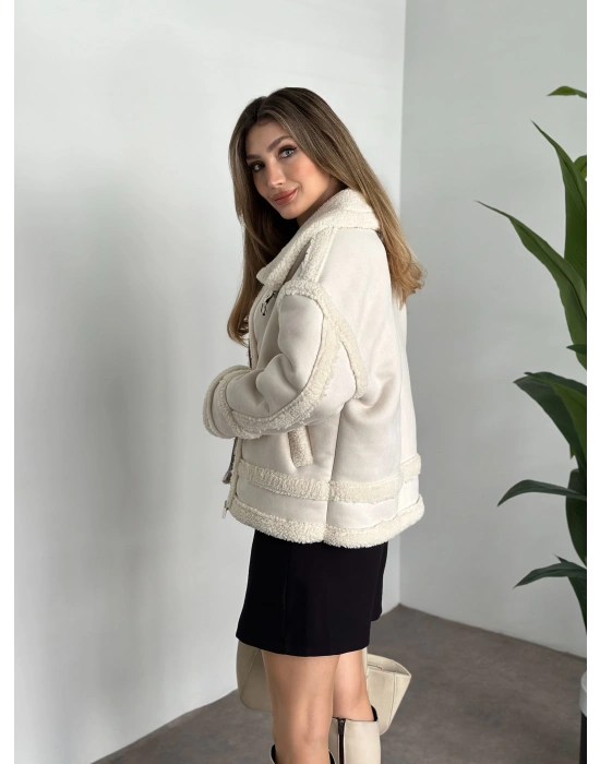 Dışı süet içi tamamen peluş rahat kesim mont taş