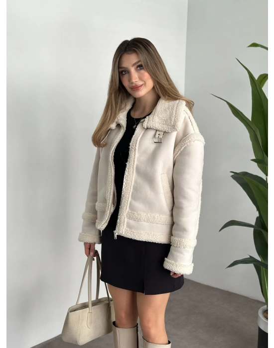 Dışı süet içi tamamen peluş rahat kesim mont taş