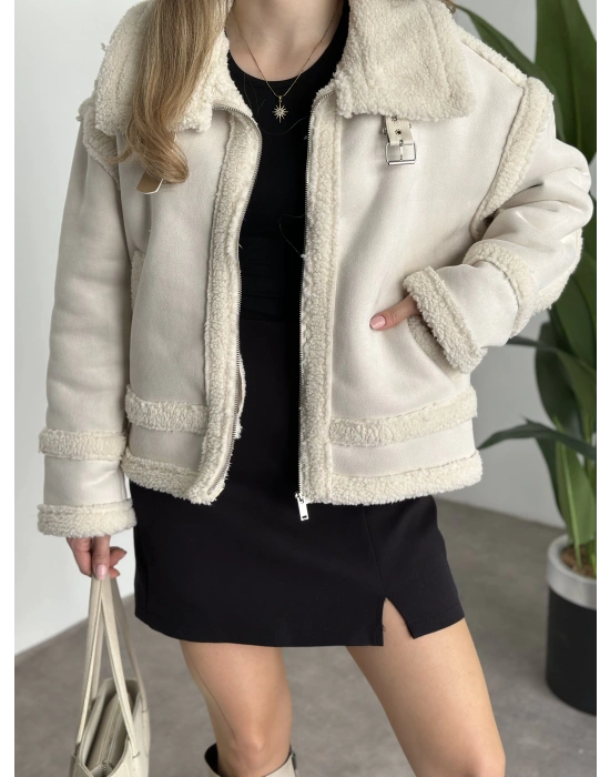 Dışı süet içi tamamen peluş rahat kesim mont taş