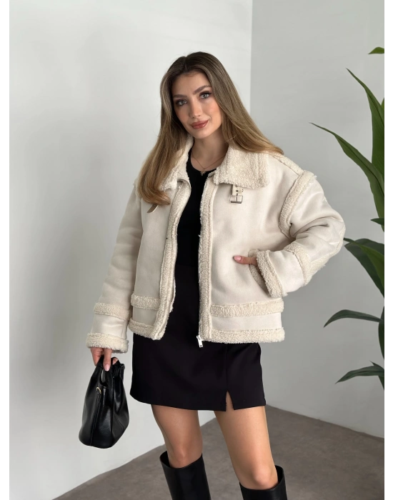 Dışı süet içi tamamen peluş rahat kesim mont taş