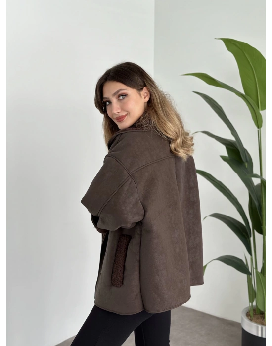 Dokulu süet içi peluşlu oversize marka model mont kahve
