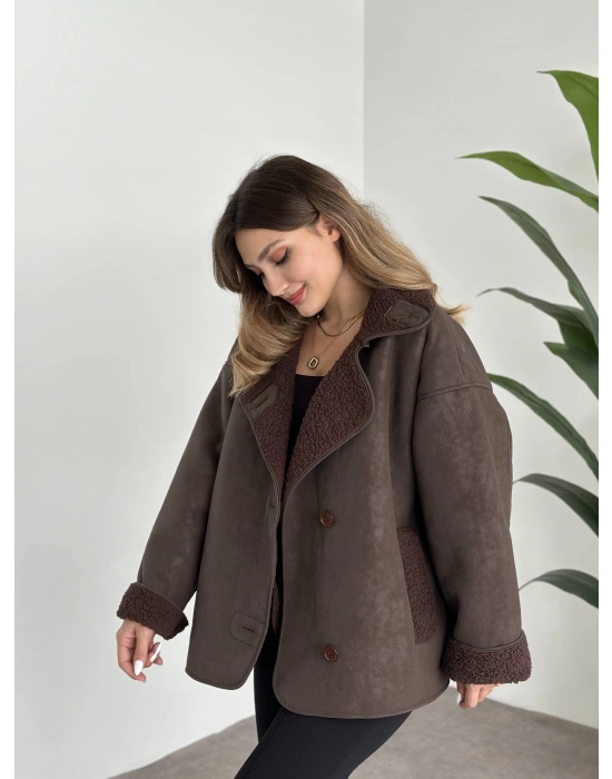 Dokulu süet içi peluşlu oversize marka model mont kahve