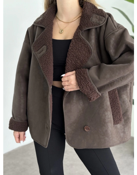 Dokulu süet içi peluşlu oversize marka model mont kahve